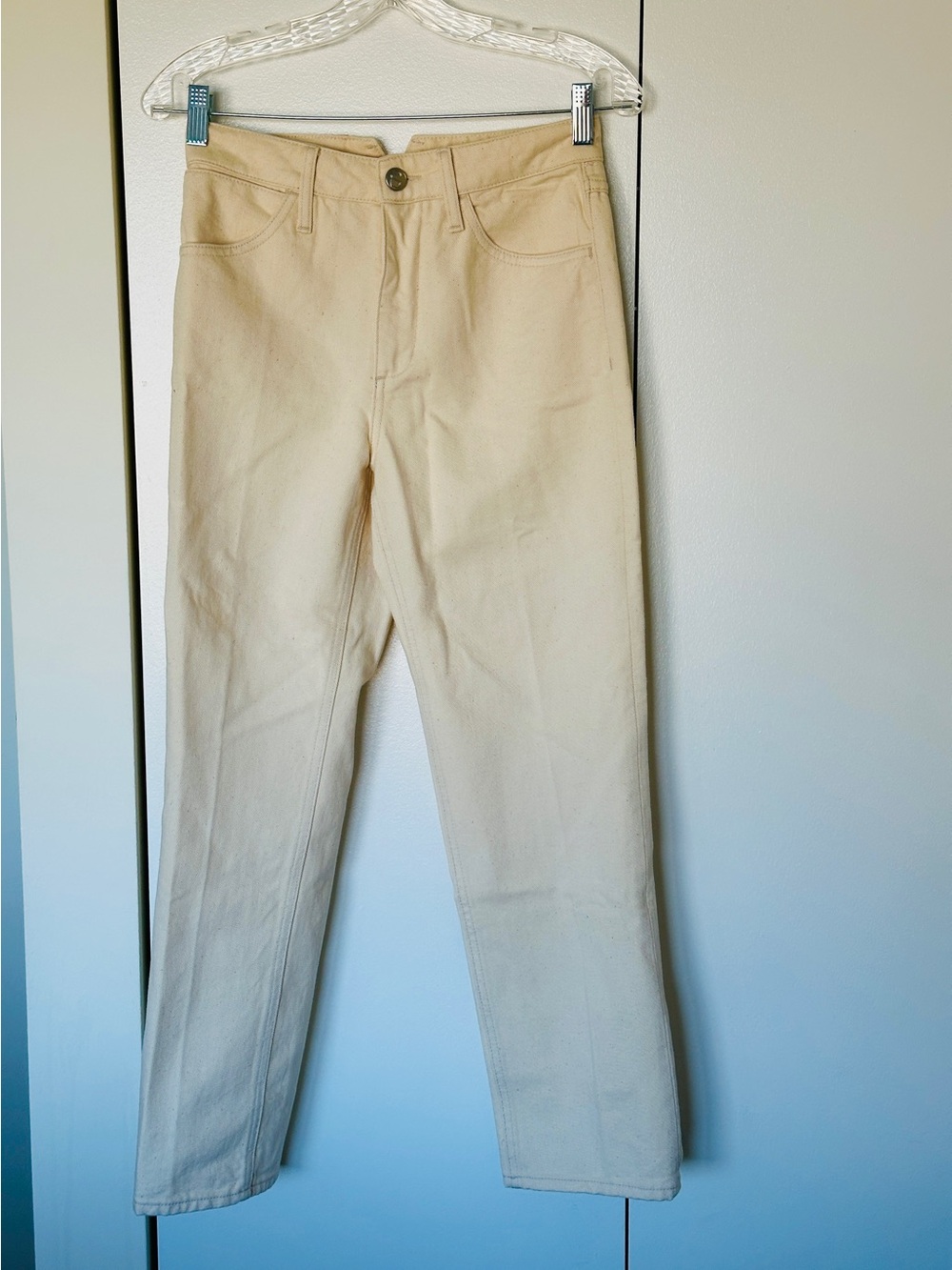 SPRWMN Cropped Straight Leg Canvas Denim Pants in Ecru (Made in USA) - Size 25